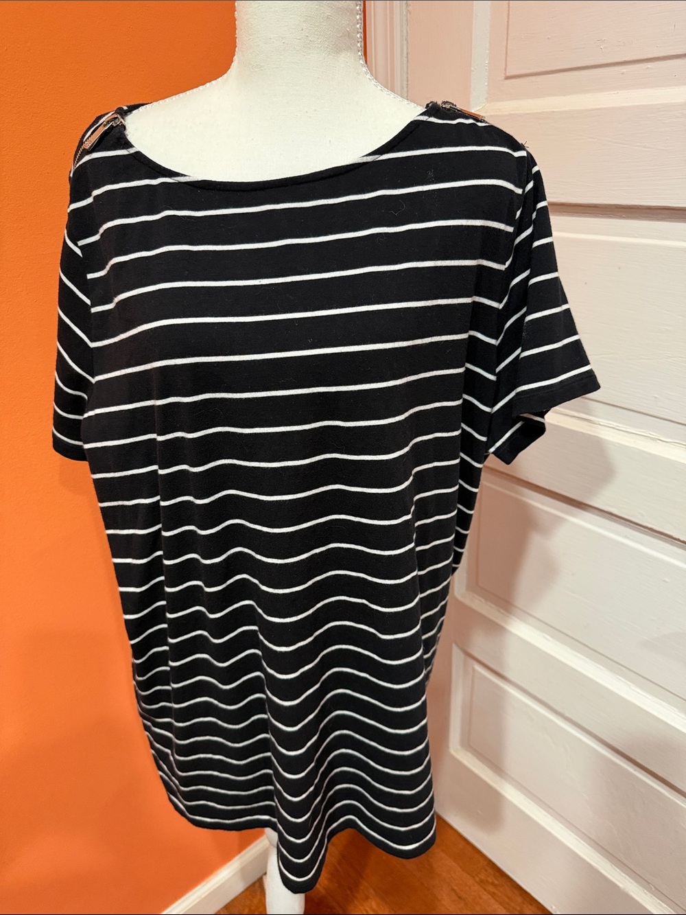 Michael Kors Black and White Striped Short Sleeve Tee